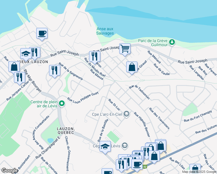 map of restaurants, bars, coffee shops, grocery stores, and more near 66 Rue Louis Philippe Guay in Lévis