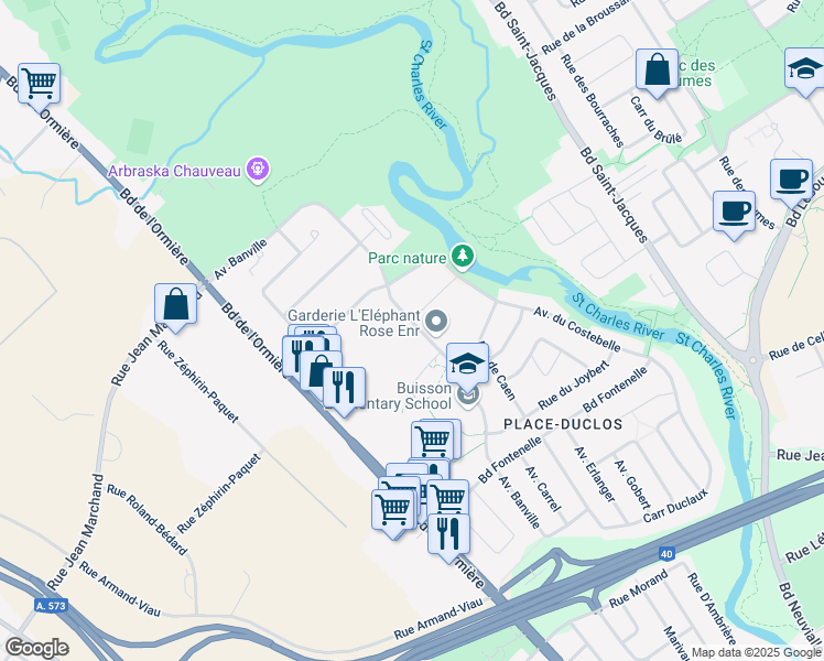 map of restaurants, bars, coffee shops, grocery stores, and more near 5825 Avenue Banville in Ville de Québec