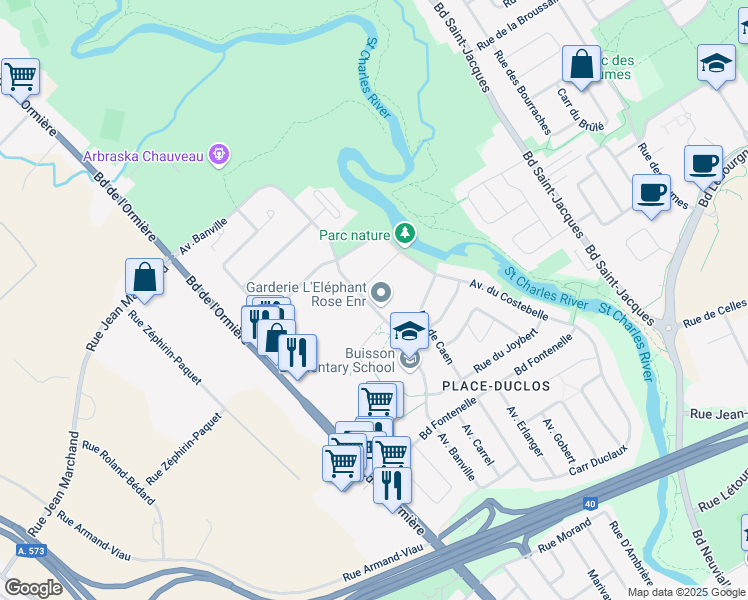 map of restaurants, bars, coffee shops, grocery stores, and more near 5820 Avenue Banville in Ville de Québec