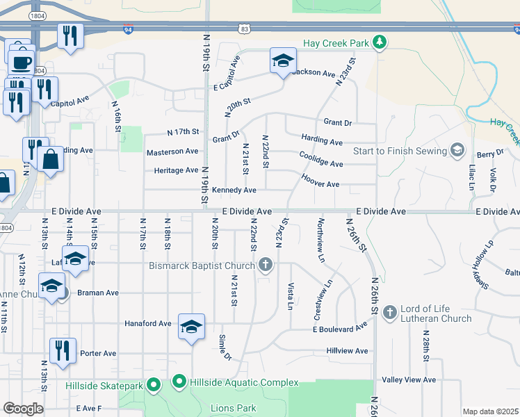 map of restaurants, bars, coffee shops, grocery stores, and more near in Bismarck
