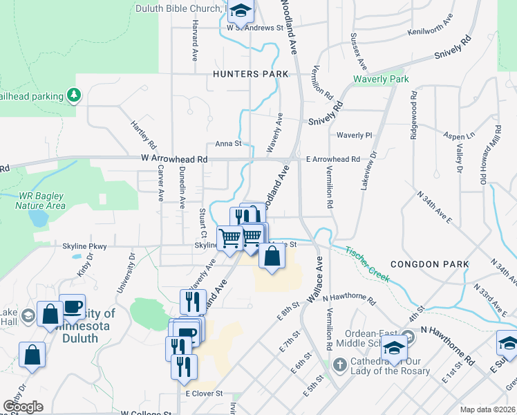 map of restaurants, bars, coffee shops, grocery stores, and more near 1801 Woodland Avenue in Duluth