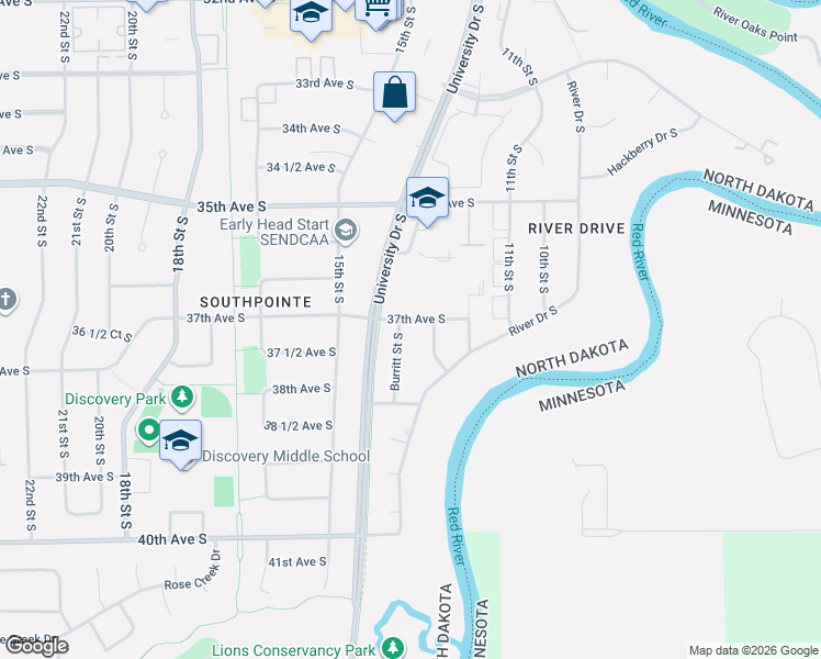 map of restaurants, bars, coffee shops, grocery stores, and more near 1219 37th Avenue South in Fargo
