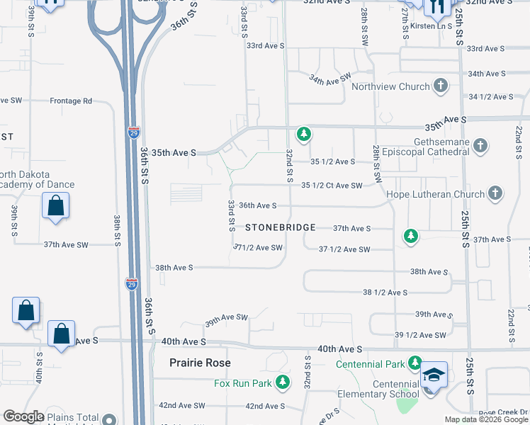 map of restaurants, bars, coffee shops, grocery stores, and more near 3163-3299 36th Ave SW in Fargo