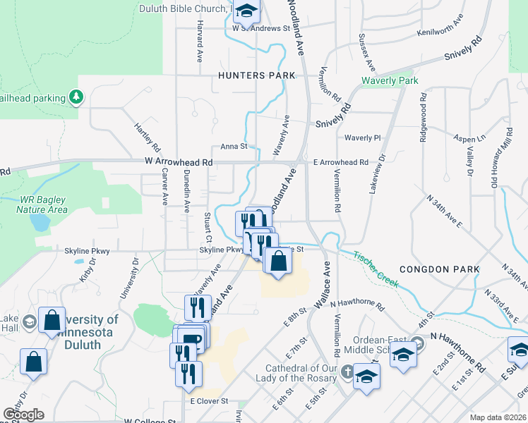 map of restaurants, bars, coffee shops, grocery stores, and more near 1801 Woodland Avenue in Duluth