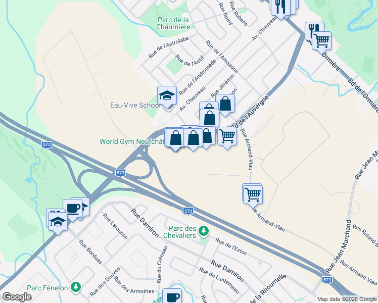 map of restaurants, bars, coffee shops, grocery stores, and more near 4605 Boulevard de l'Auvergne in Québec