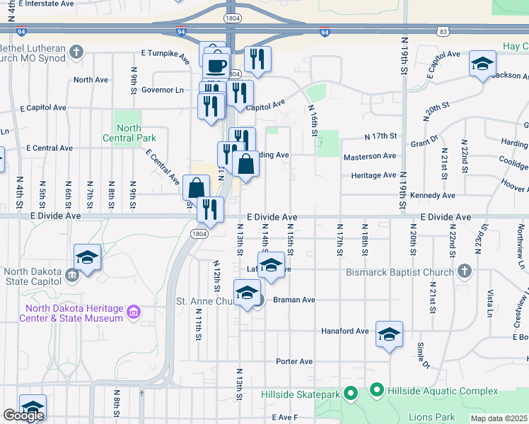 map of restaurants, bars, coffee shops, grocery stores, and more near 1314 East Divide Avenue in Bismarck