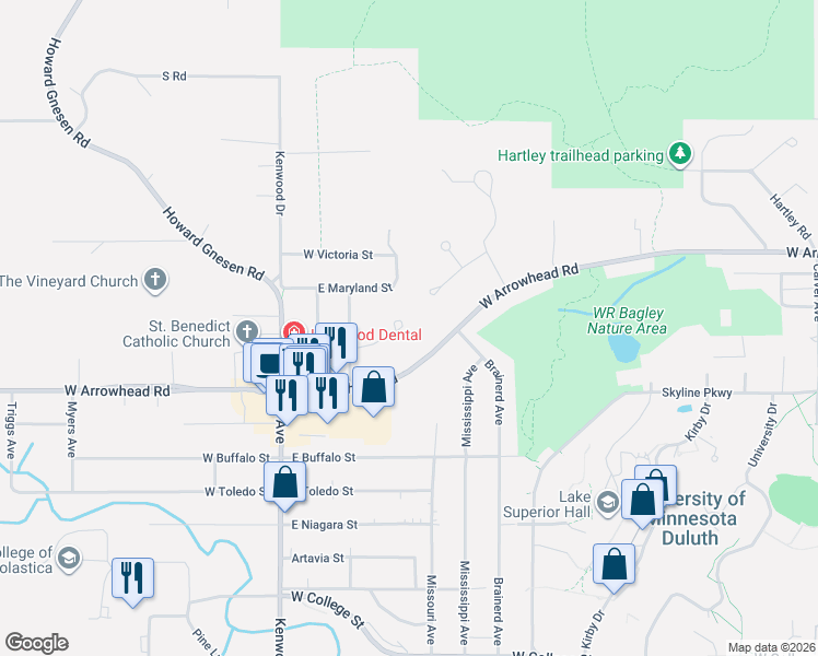 map of restaurants, bars, coffee shops, grocery stores, and more near 1203 Woodrich Circle in Duluth