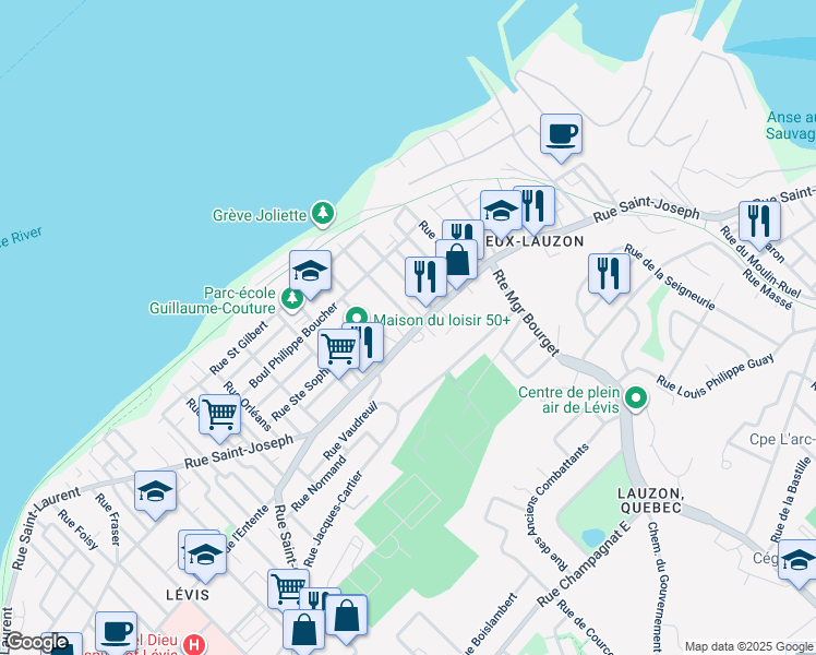 map of restaurants, bars, coffee shops, grocery stores, and more near 2 Rue Mercier in Lévis