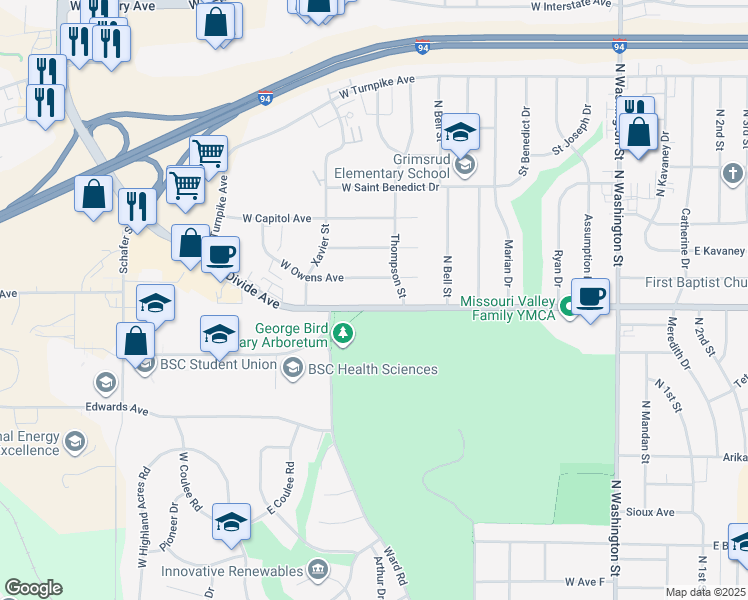 map of restaurants, bars, coffee shops, grocery stores, and more near 916 West Divide Avenue in Bismarck