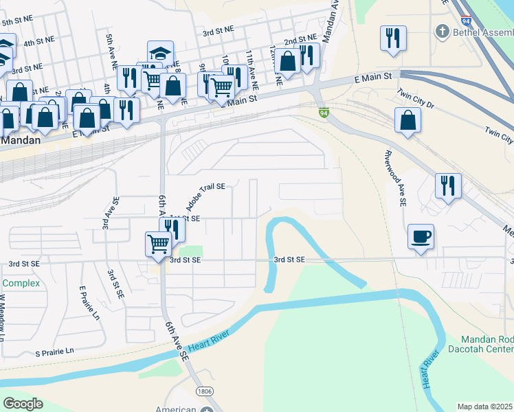 map of restaurants, bars, coffee shops, grocery stores, and more near Lori Drive in Mandan