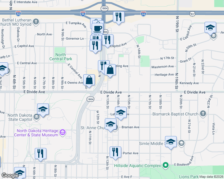 map of restaurants, bars, coffee shops, grocery stores, and more near 1314 East Divide Avenue in Bismarck