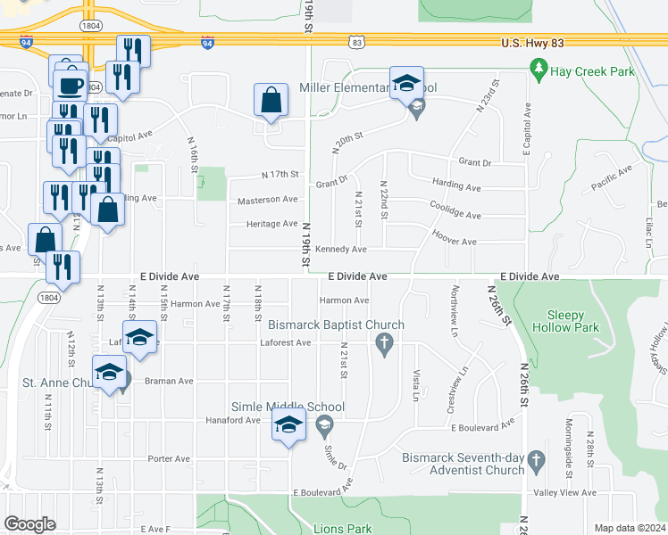 map of restaurants, bars, coffee shops, grocery stores, and more near 2004 East Divide Avenue in Bismarck