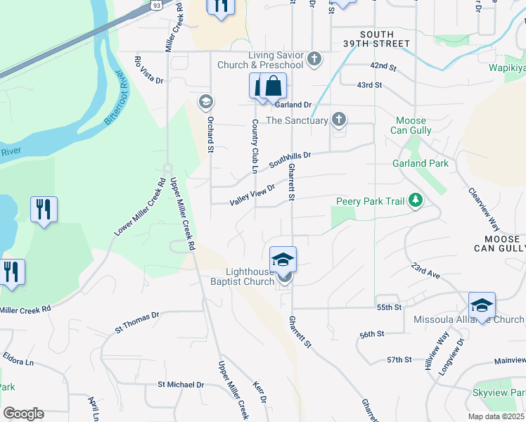 map of restaurants, bars, coffee shops, grocery stores, and more near 2625 Highwood Drive in Missoula