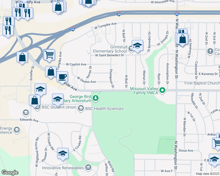 map of restaurants, bars, coffee shops, grocery stores, and more near 916 West Divide Avenue in Bismarck