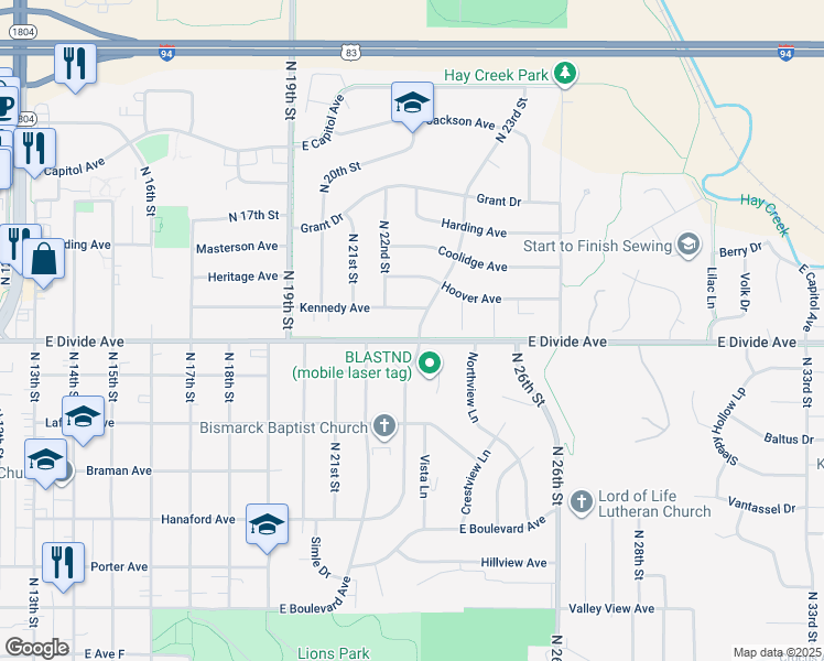 map of restaurants, bars, coffee shops, grocery stores, and more near 2220 East Divide Avenue in Bismarck