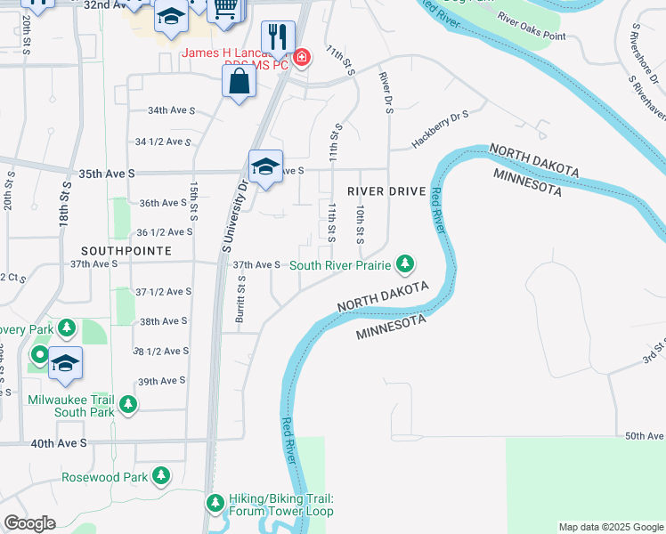 map of restaurants, bars, coffee shops, grocery stores, and more near 3663 South River Drive in Fargo