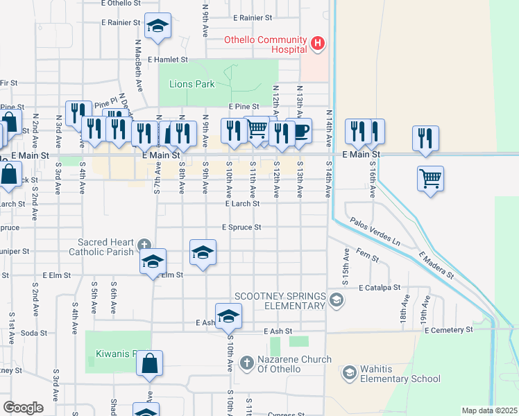 map of restaurants, bars, coffee shops, grocery stores, and more near 1116 East Larch Street in Othello