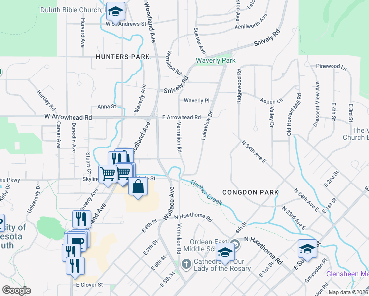 map of restaurants, bars, coffee shops, grocery stores, and more near 1816 Vermilion Road in Duluth