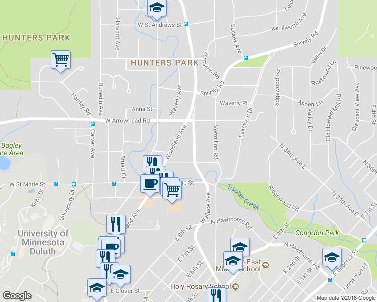 map of restaurants, bars, coffee shops, grocery stores, and more near 1815 Wallace Avenue in Duluth
