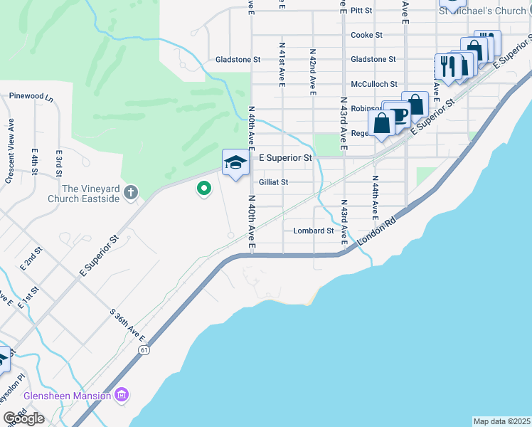 map of restaurants, bars, coffee shops, grocery stores, and more near 4014 Luverne Street in Duluth