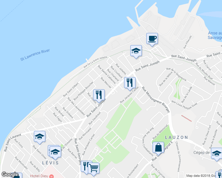 map of restaurants, bars, coffee shops, grocery stores, and more near 2 Rue Mercier in Lévis