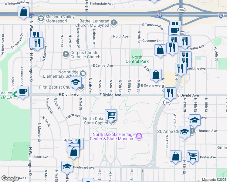 map of restaurants, bars, coffee shops, grocery stores, and more near 1708 North 7th Street in Bismarck
