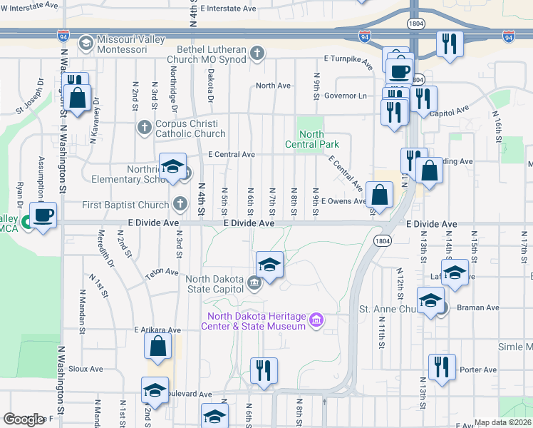 map of restaurants, bars, coffee shops, grocery stores, and more near 1708 North 7th Street in Bismarck