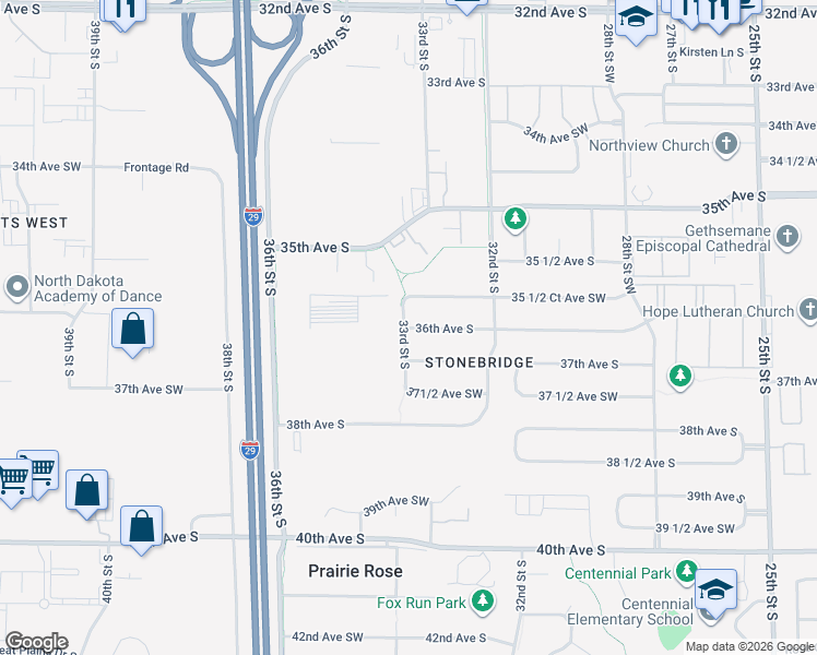 map of restaurants, bars, coffee shops, grocery stores, and more near 3298 36th Ave SW in Fargo