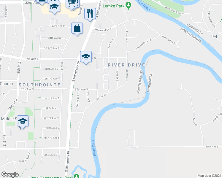map of restaurants, bars, coffee shops, grocery stores, and more near 3657 South River Drive in Fargo