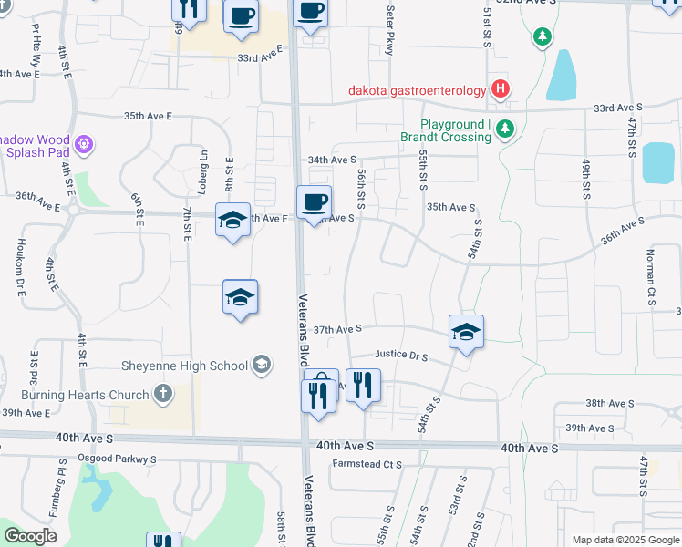 map of restaurants, bars, coffee shops, grocery stores, and more near 5640 36th Street South in Fargo