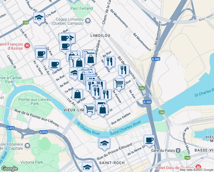 map of restaurants, bars, coffee shops, grocery stores, and more near 490 4e Avenue in Québec