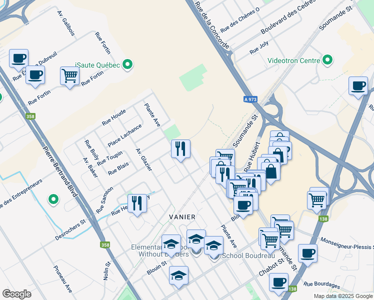 map of restaurants, bars, coffee shops, grocery stores, and more near 525 Avenue Ludger-Ferland in Québec
