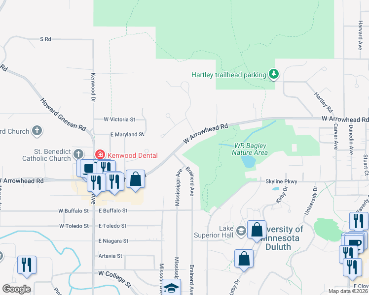 map of restaurants, bars, coffee shops, grocery stores, and more near 1024 West Arrowhead Road in Duluth