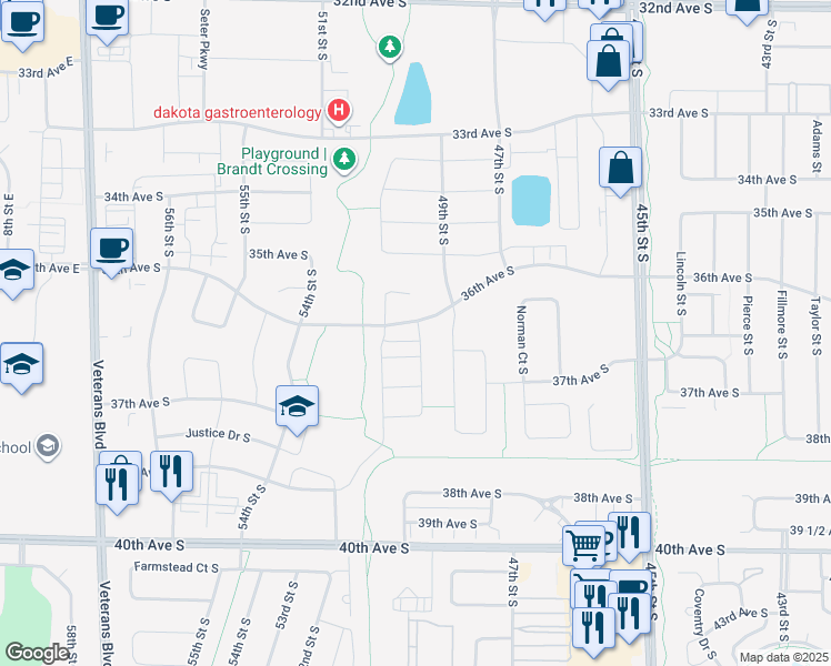 map of restaurants, bars, coffee shops, grocery stores, and more near 3584 50th Street South in Fargo
