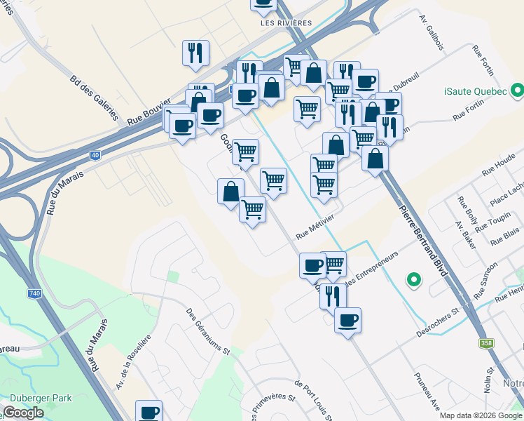 map of restaurants, bars, coffee shops, grocery stores, and more near 915 Avenue Godin in Québec
