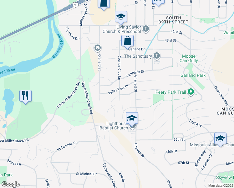 map of restaurants, bars, coffee shops, grocery stores, and more near 2625 Highwood Drive in Missoula