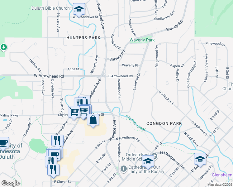 map of restaurants, bars, coffee shops, grocery stores, and more near 1816 Vermilion Road in Duluth