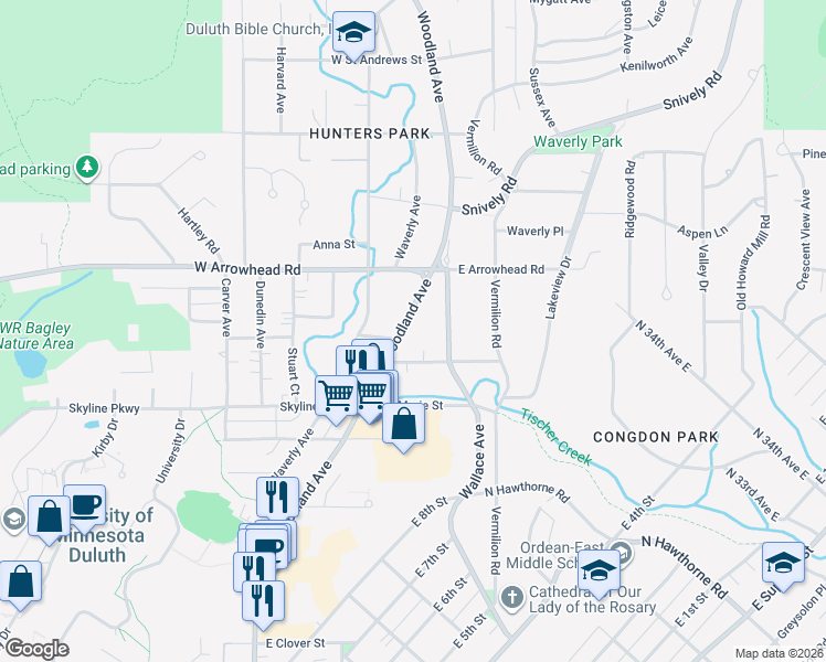 map of restaurants, bars, coffee shops, grocery stores, and more near 1815 Wallace Avenue in Duluth