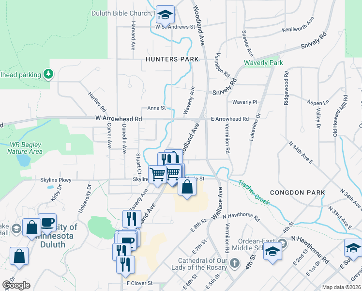 map of restaurants, bars, coffee shops, grocery stores, and more near 1801 Woodland Avenue in Duluth