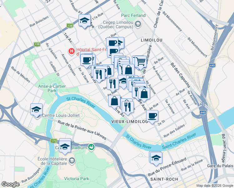 map of restaurants, bars, coffee shops, grocery stores, and more near 759 2e Avenue in Québec
