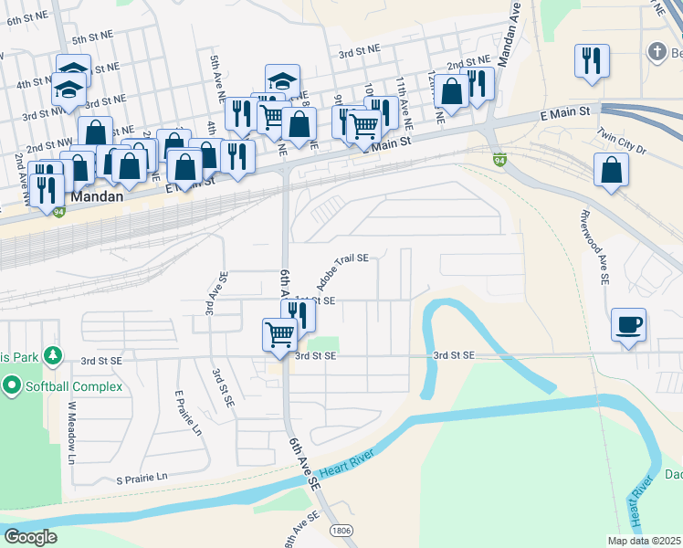 map of restaurants, bars, coffee shops, grocery stores, and more near 913 Adobe Trail Southeast in Mandan