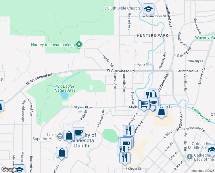 map of restaurants, bars, coffee shops, grocery stores, and more near 324 Halsey Street in Duluth