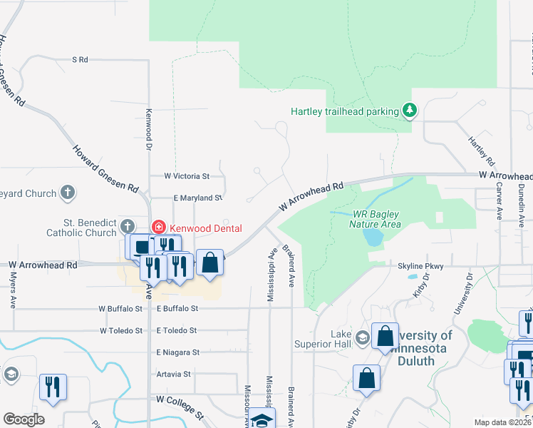 map of restaurants, bars, coffee shops, grocery stores, and more near 1031 West Arrowhead Road in Duluth