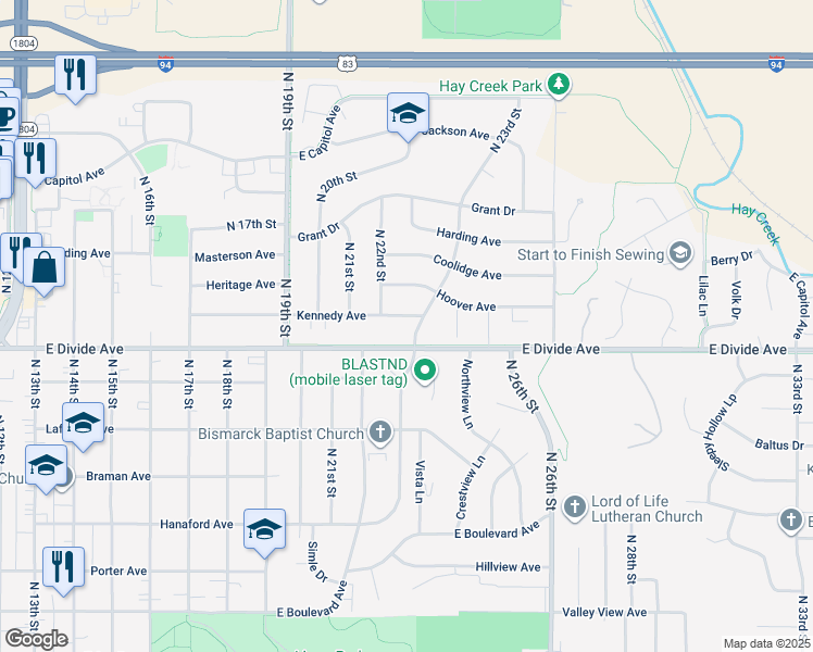 map of restaurants, bars, coffee shops, grocery stores, and more near 2208 East Divide Avenue in Bismarck