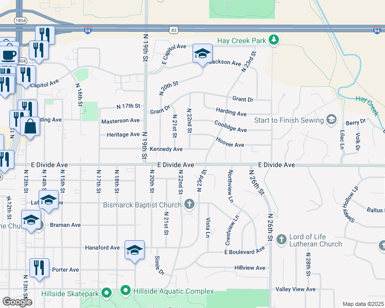 map of restaurants, bars, coffee shops, grocery stores, and more near 2208 East Divide Avenue in Bismarck