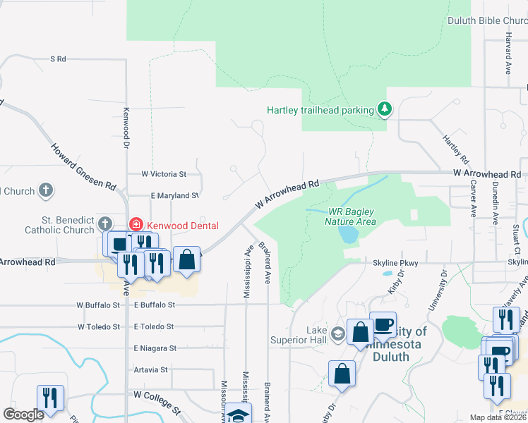 map of restaurants, bars, coffee shops, grocery stores, and more near 1024 West Arrowhead Road in Duluth