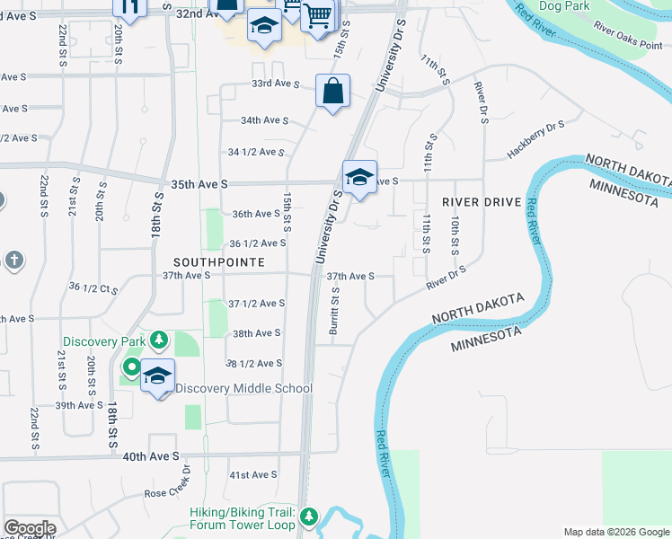 map of restaurants, bars, coffee shops, grocery stores, and more near 1219 37th Avenue South in Fargo