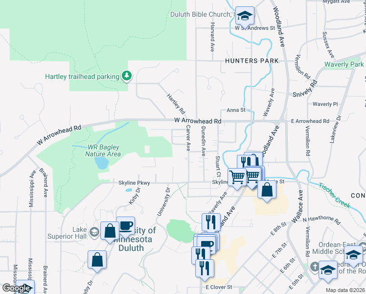 map of restaurants, bars, coffee shops, grocery stores, and more near 324 Halsey Street in Duluth