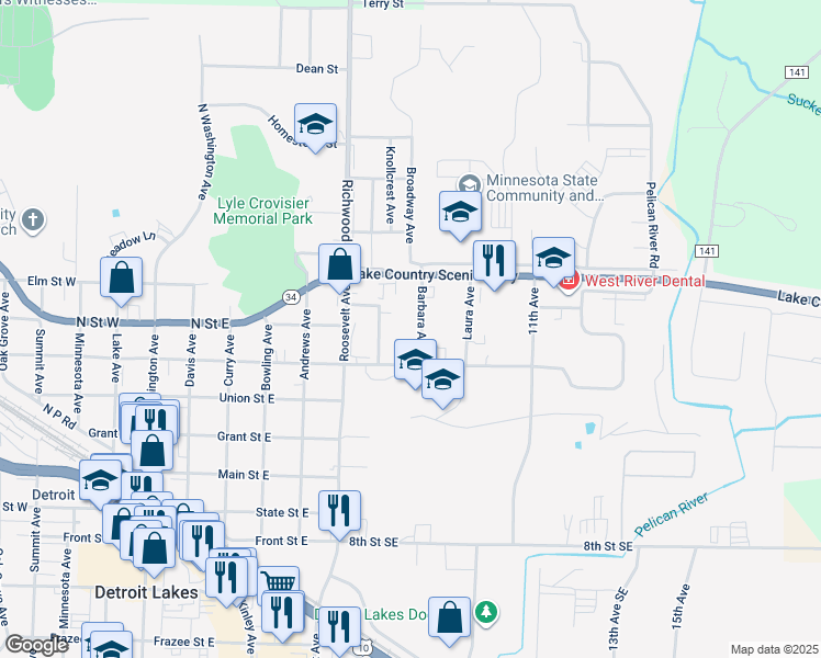 map of restaurants, bars, coffee shops, grocery stores, and more near 210 Barbara Avenue in Detroit Lakes