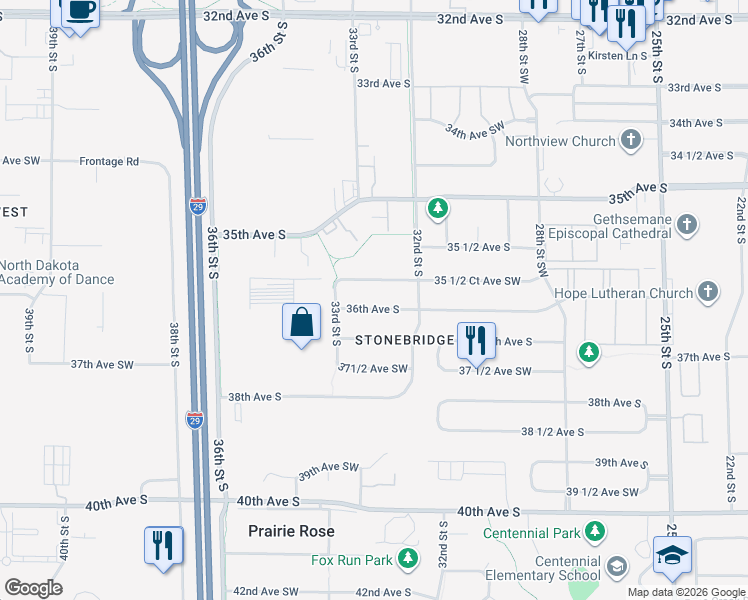 map of restaurants, bars, coffee shops, grocery stores, and more near 3162-3298 36th Ave SW in Fargo